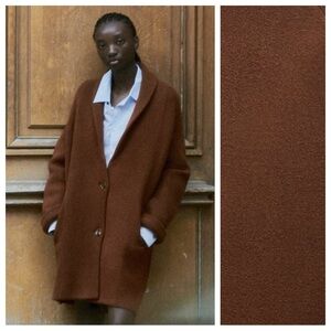 NWT. Zara Brown Wool Blend Turned Up Cuff Knit Coat. Size M.